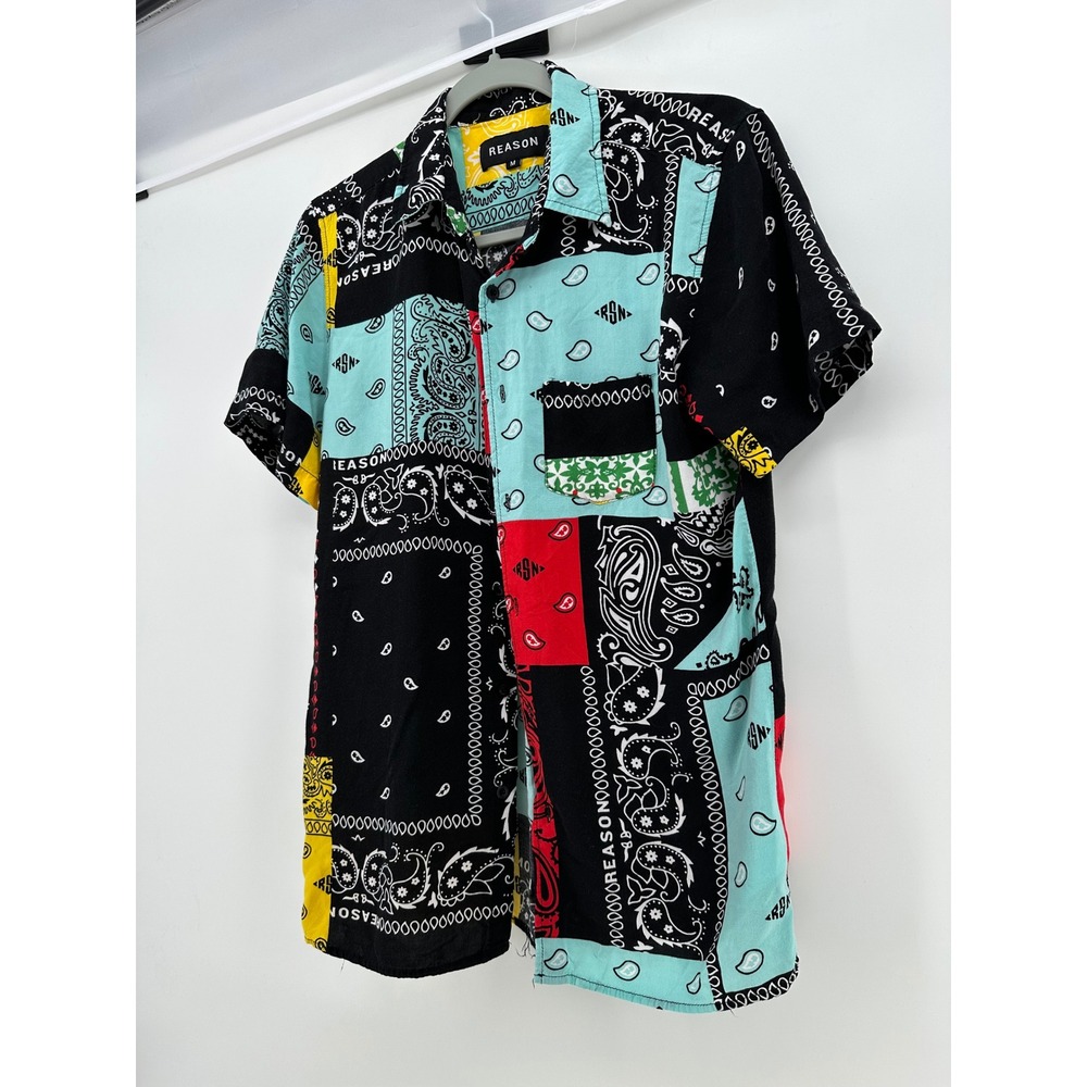 Reason Mens Bandana Patchwork Button Down Shirt Multi Color Short Sleeve Size M
